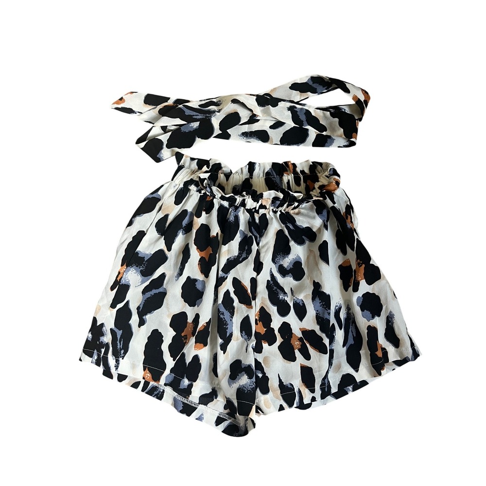 Leopard Print Paperbag Waist Shorts Small Black White Tan Animal Print Casual